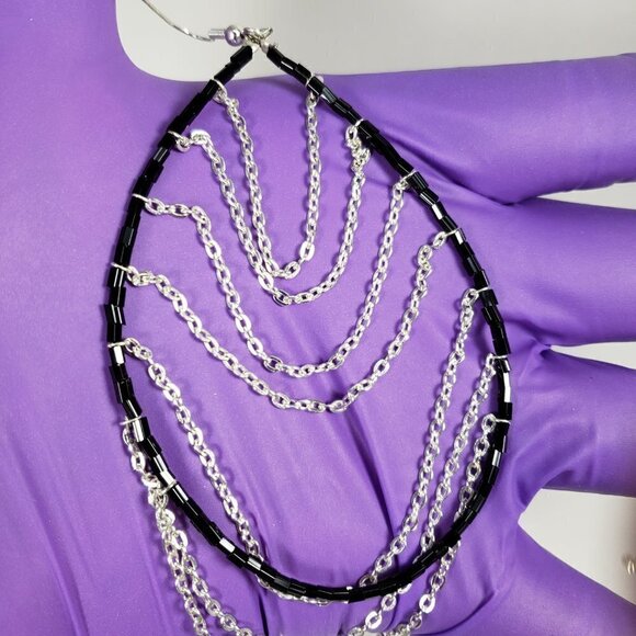 Women's Silver tone Dangling Chain - Black Beaded Hoop Fishhook Drop Earrings - Picture 4 of 6